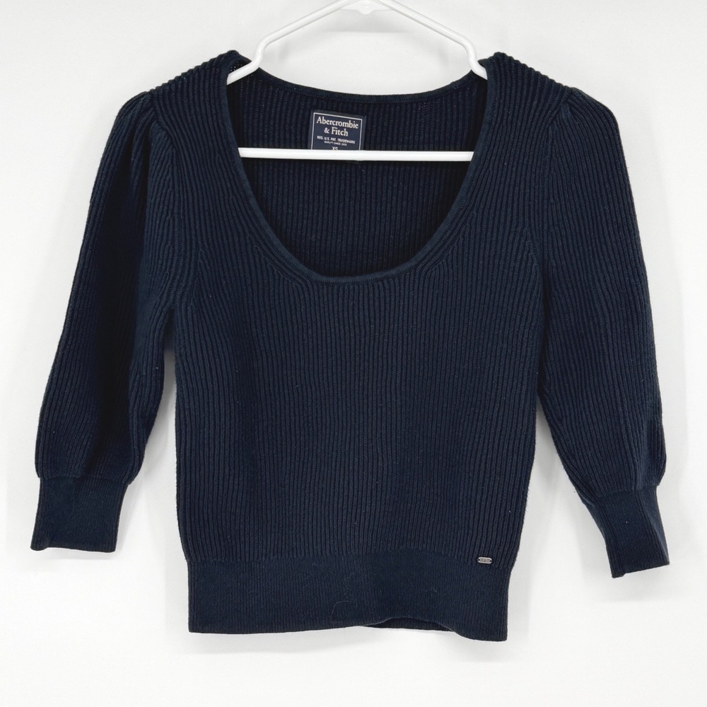 Abercrombie & Fitch XS Navy Blue Ribbed Knit Scoop Neck Puff Sleeve Sweater Y2K - Picture 1 of 3